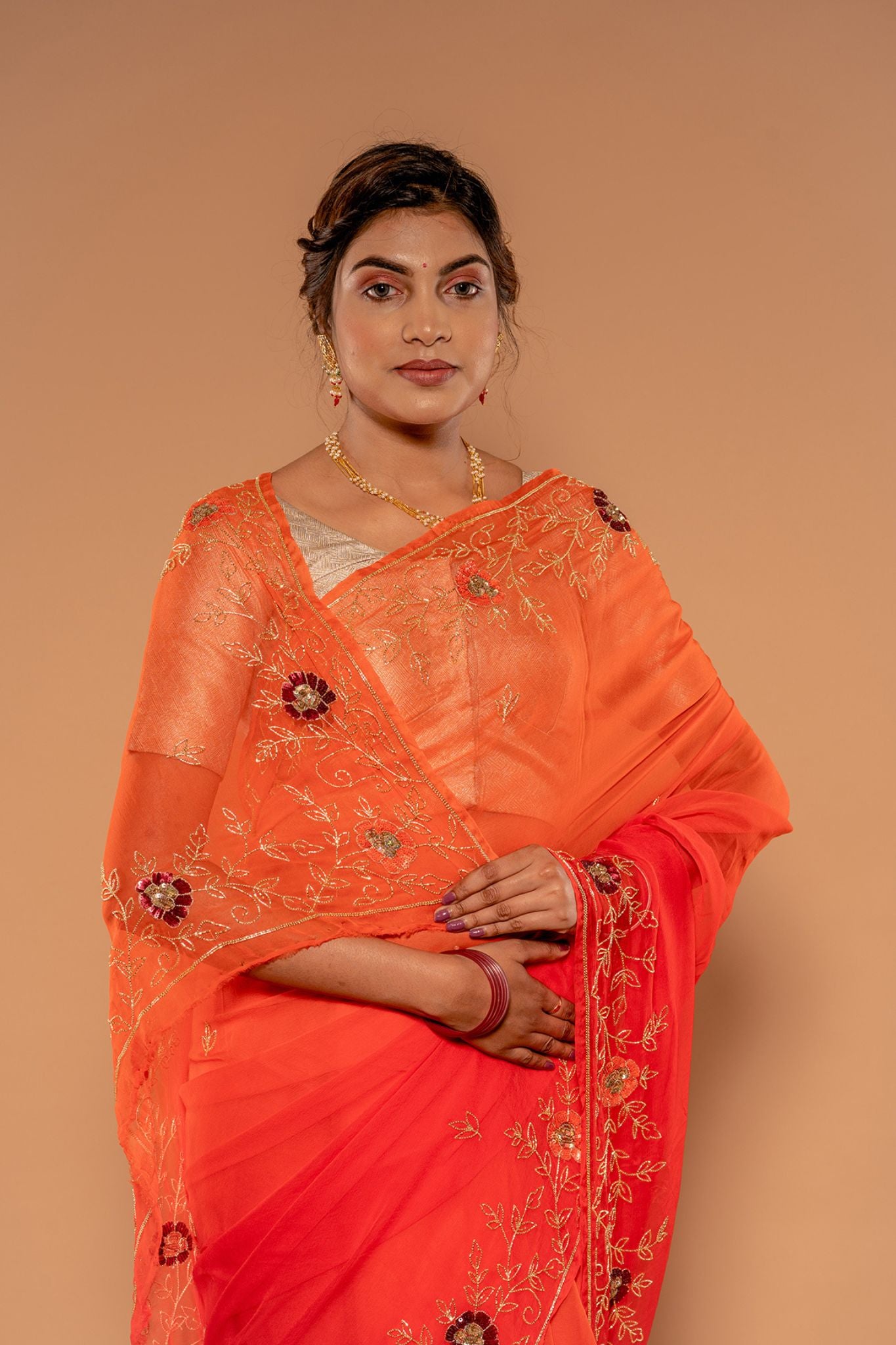 Orange Gajri Viscose Chiffon Kardana sequins Handwork  Saree