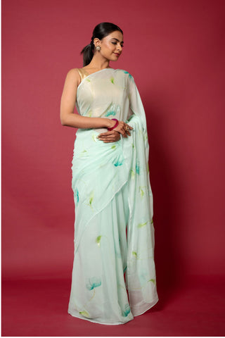 Green Handpainted Viscose Chiffon Saree