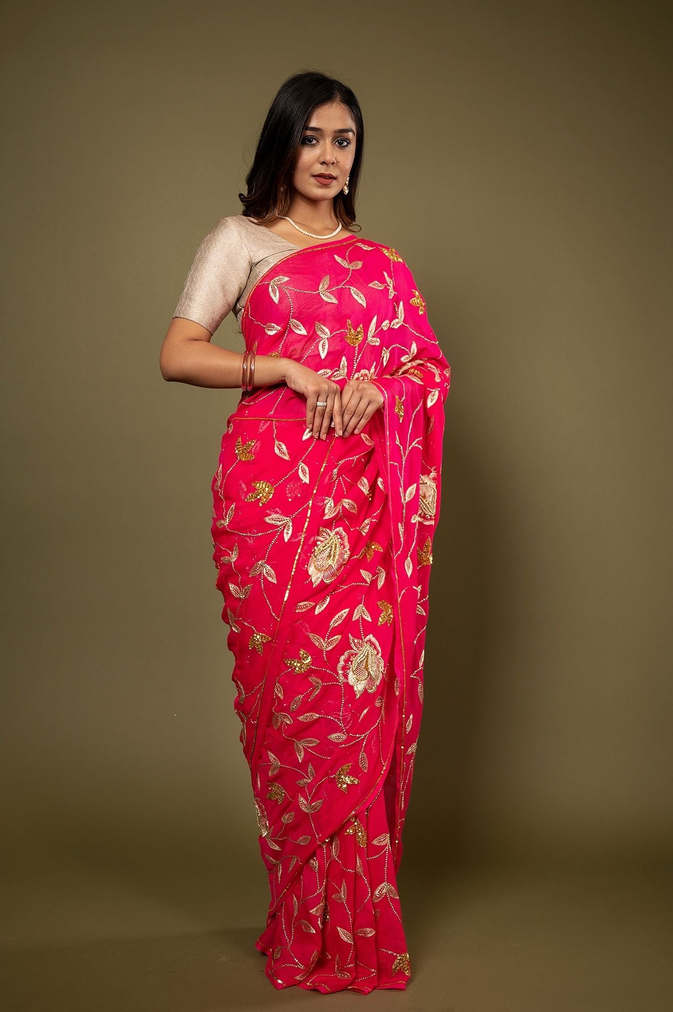 Rani pure chiffon aari sequins jaal handwork saree