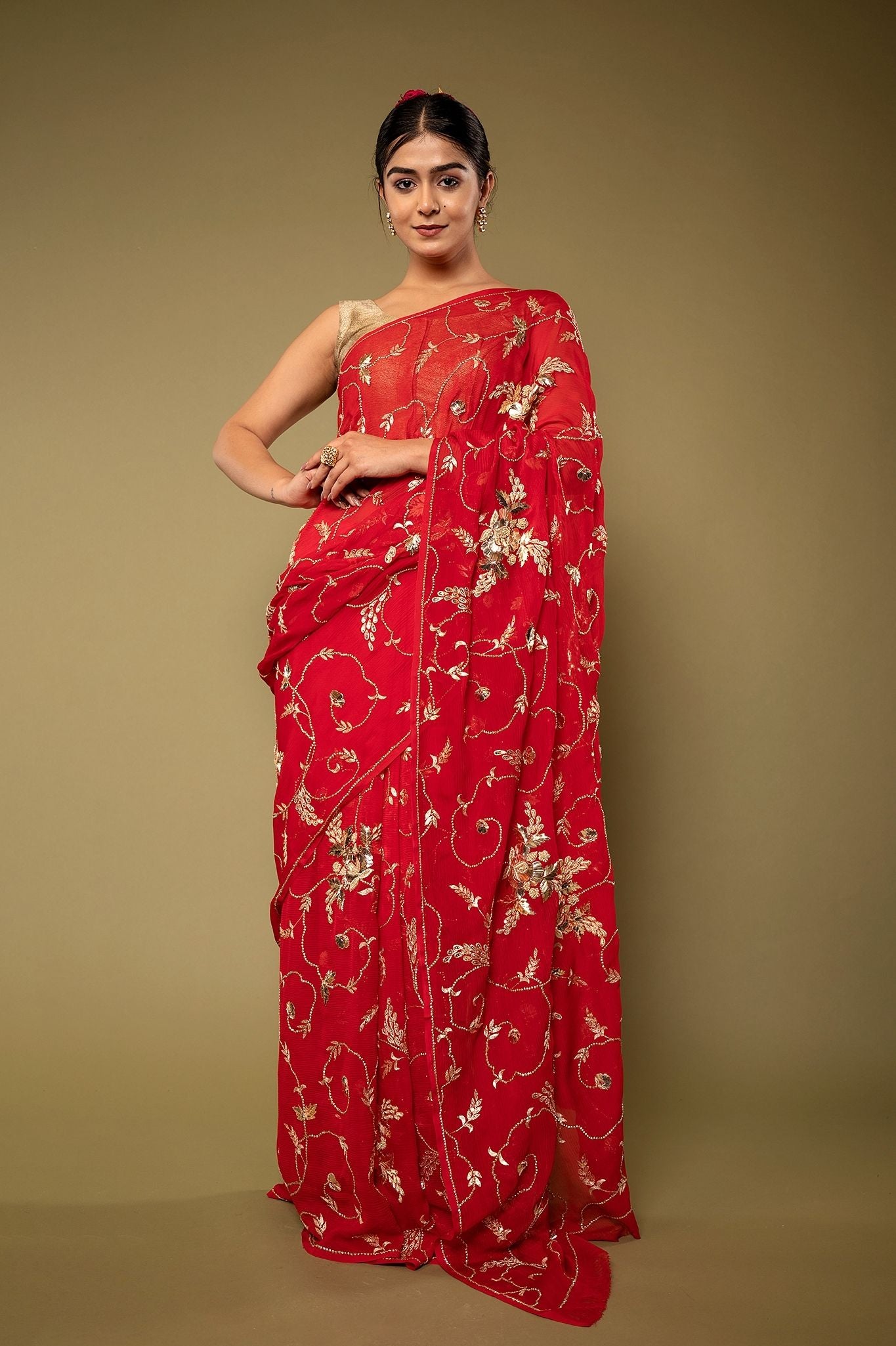 Red Pure chiffon Aari sequins  badla jaal handwork saree