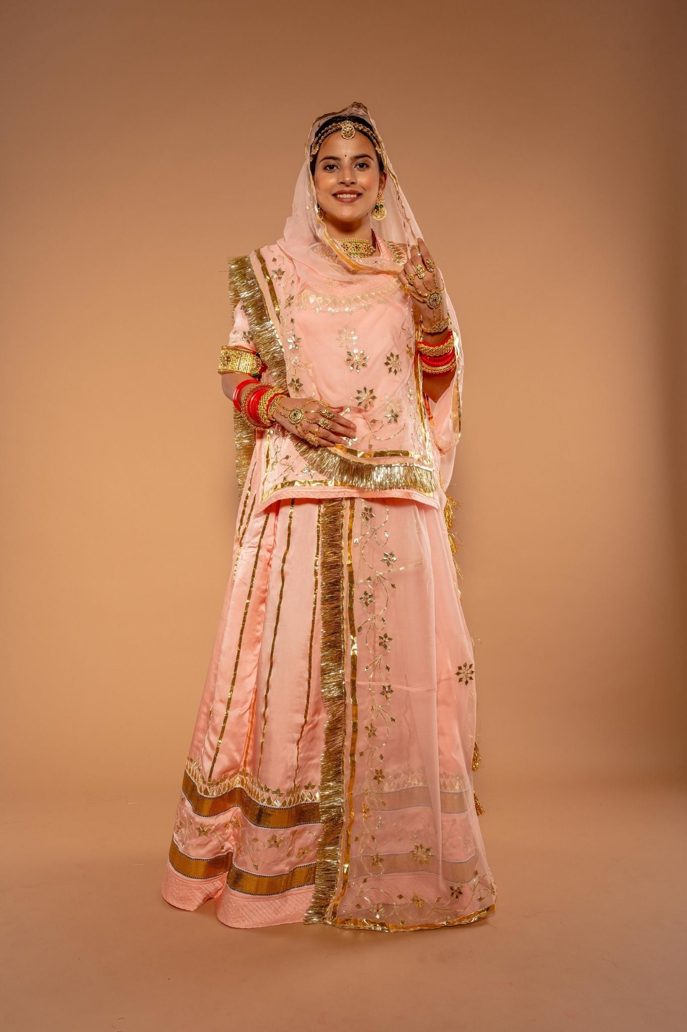 peach bamber satin gota patti  handwork poshak with pure odhna
