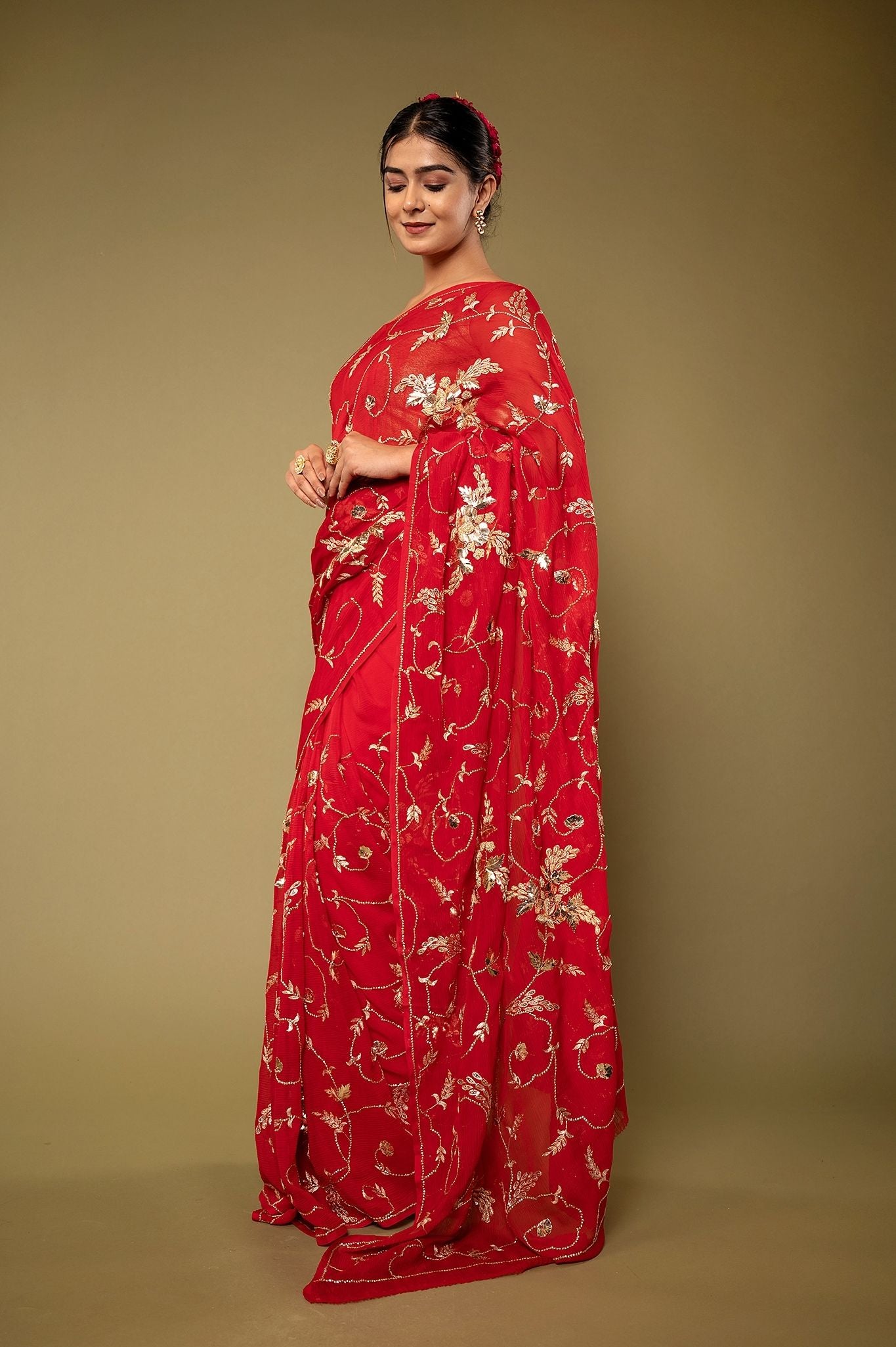 Red Pure chiffon Aari sequins  badla jaal handwork saree
