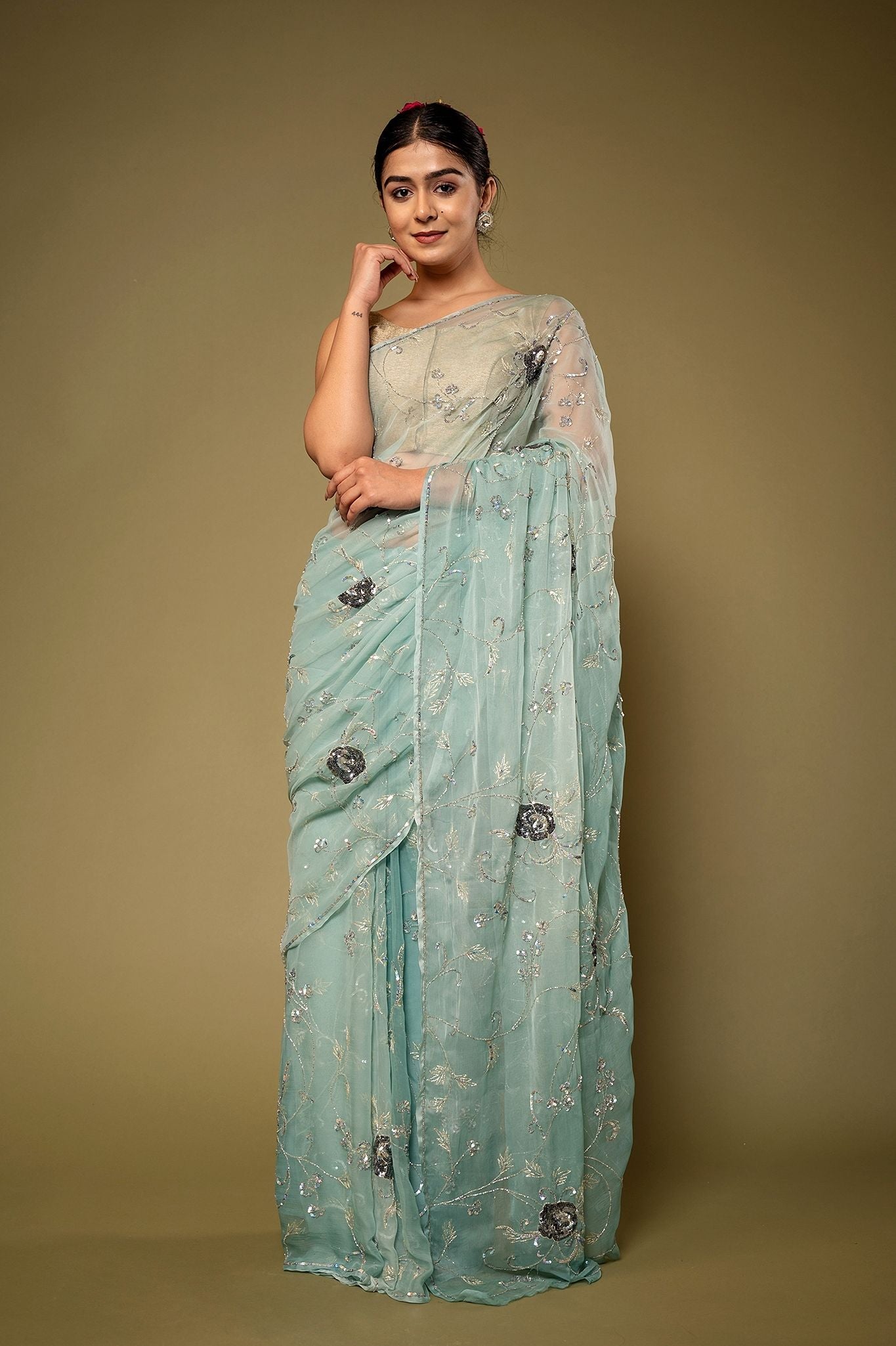 Sky Blue Viscose Chiffon Aari sequins  Jaal handwork party wear Saree