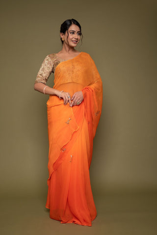 Viscose Chiffon Orange Butta Work Saree