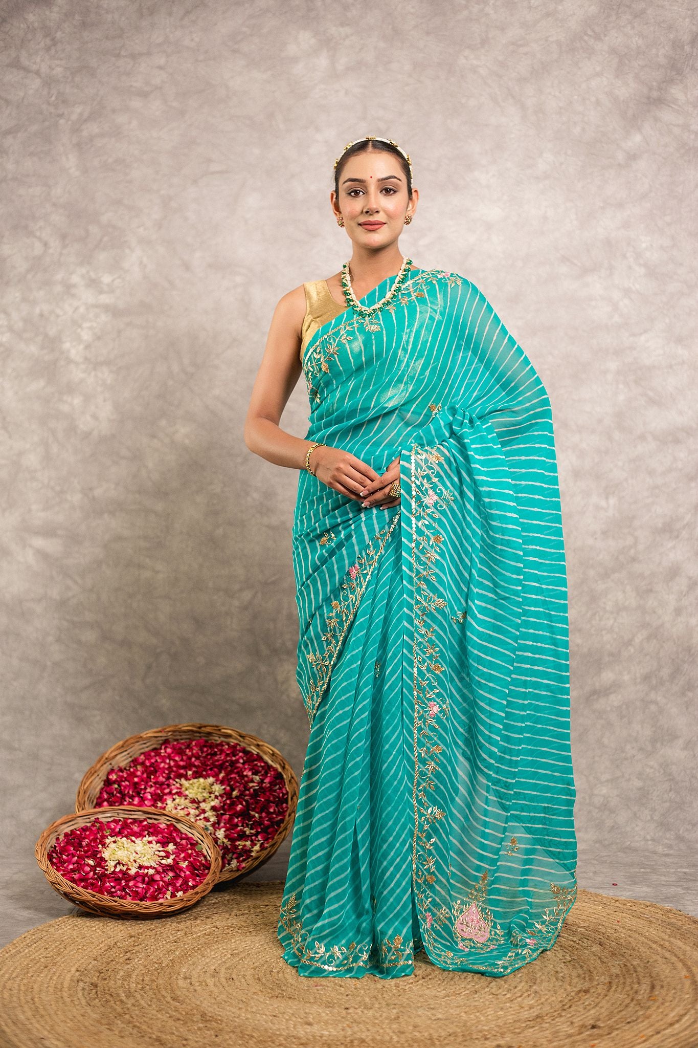 Firozi Lehariya Pure Georgette 20 Gsm aari sequins   handwork traditional wear saree
