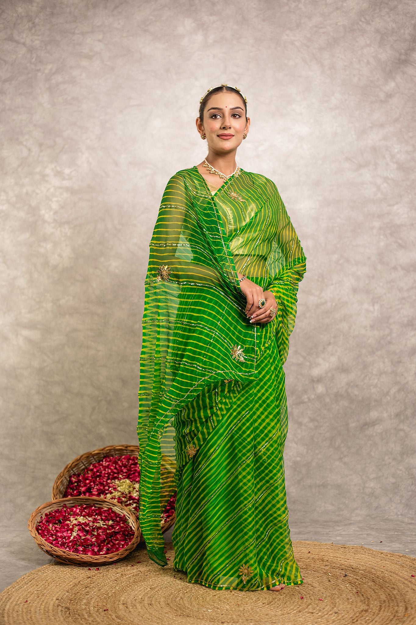 Green lehariya  Pure Georgette 20 Gsm Aari tari  handwork traditional wear saree