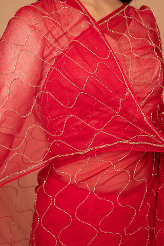 Red Viscose Chiffon All Over Kardhan Work Saree