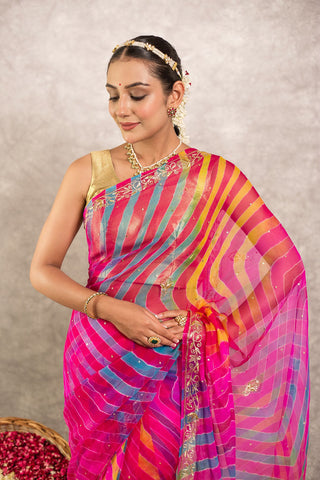 Multi coloured Pure Georgette Lehariya Saree