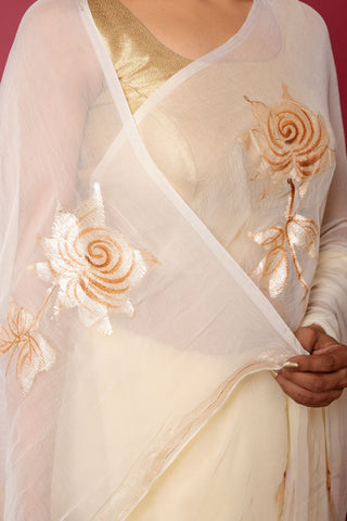 Ivory Handpainted Viscose Chiffon Saree