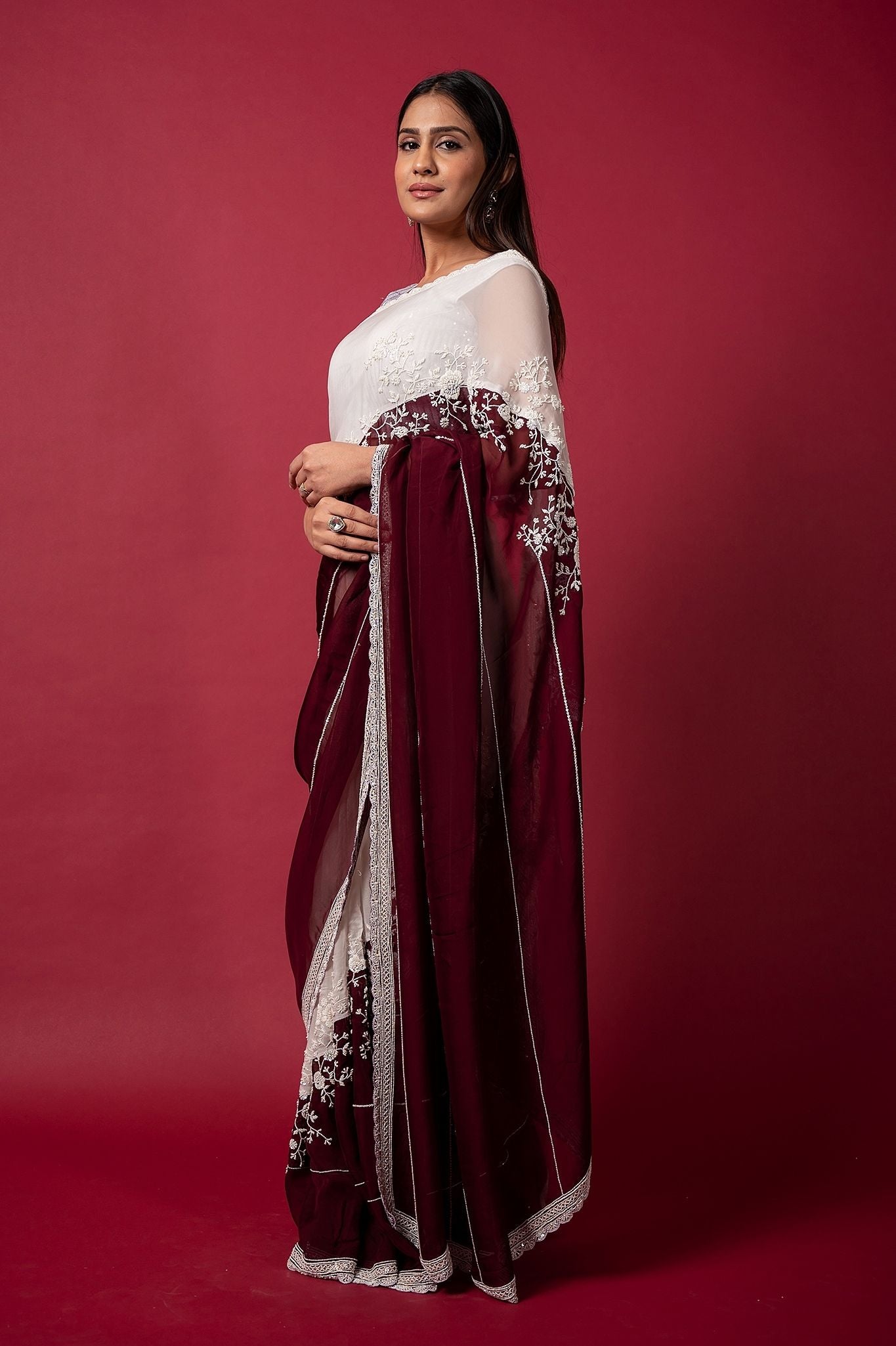 white wine organza  pearl sequins handwork saree