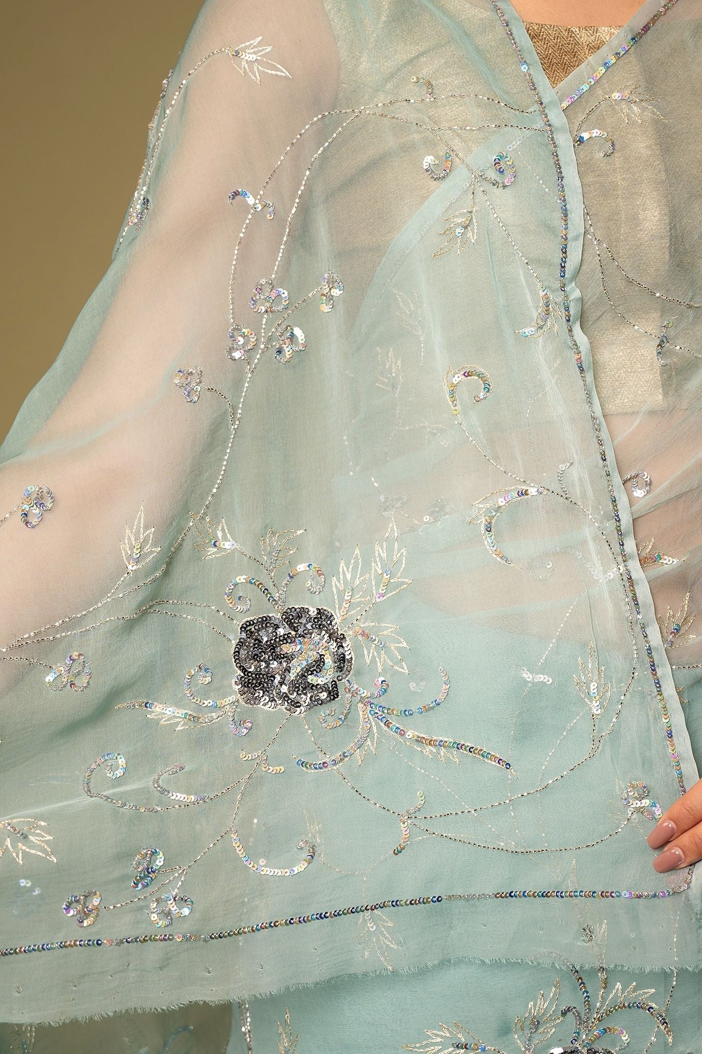 Sky Blue Viscose Chiffon Aari sequins  Jaal handwork party wear Saree
