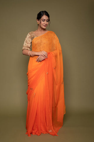 Viscose Chiffon Orange Butta Work Saree