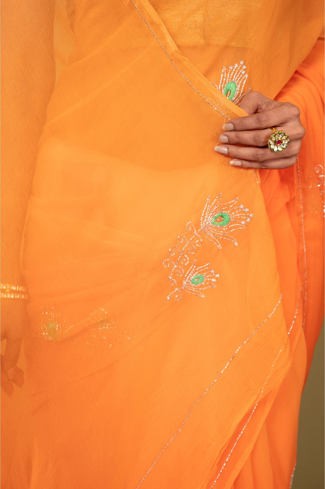 Orange viscose chiffon Kardana Resham Motif handwork casual wear saree