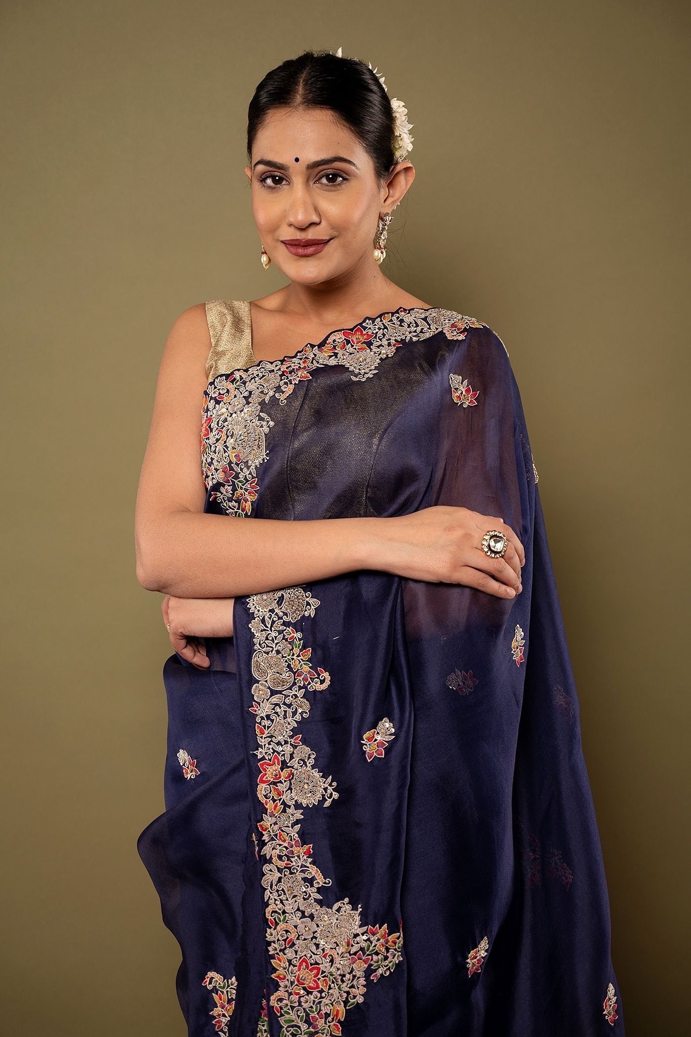 Royal Blue pure organza Dapka Marodi Zardozi border butti handwork saree