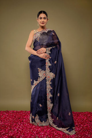 Blue Resham Marodi work Organza Saree