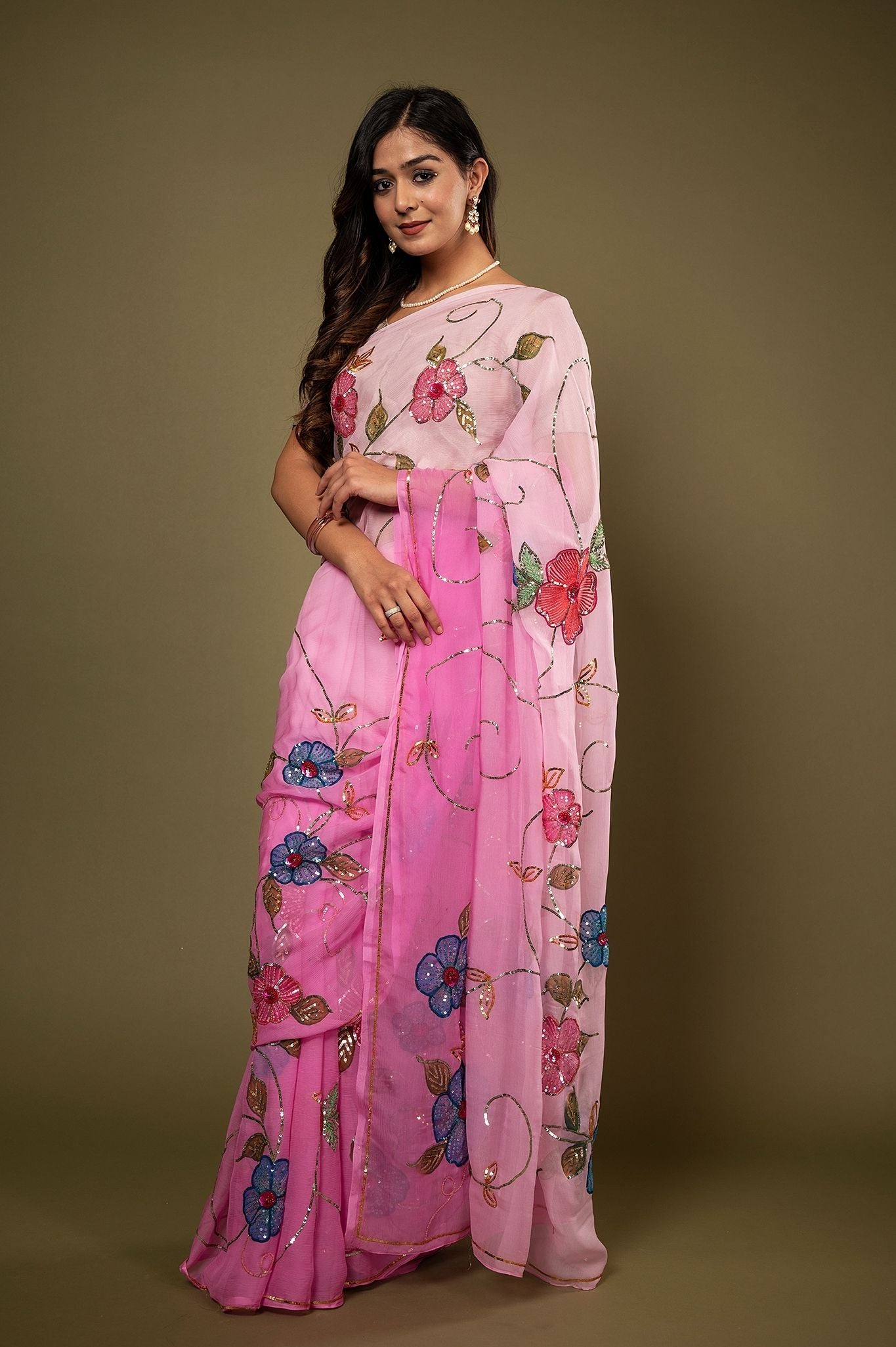 Pink light dark pure chiffon sequins resham handpainting highlight handwork saree