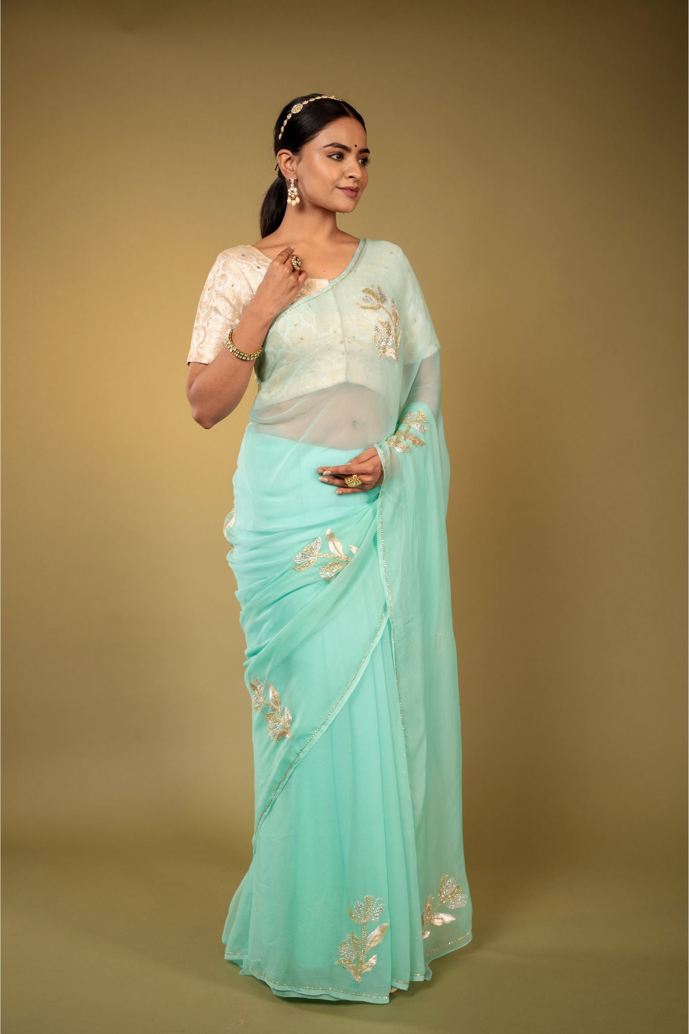 Sea Green Viscose Chiffon aari sequins  motif handwork party wear saree