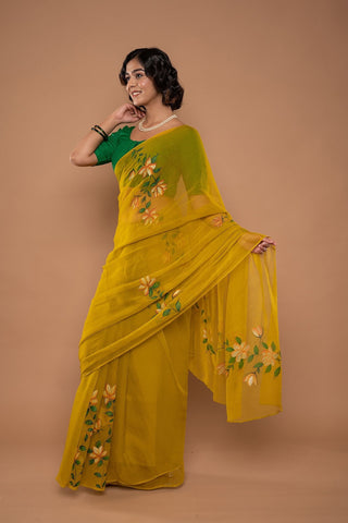 Viscose Chiffon Mint Hand Painted Saree