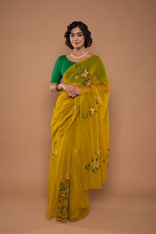 Viscose Chiffon Mint Hand Painted Saree