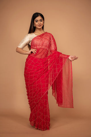 Red Viscose Chiffon All Over Kardhan Work Saree