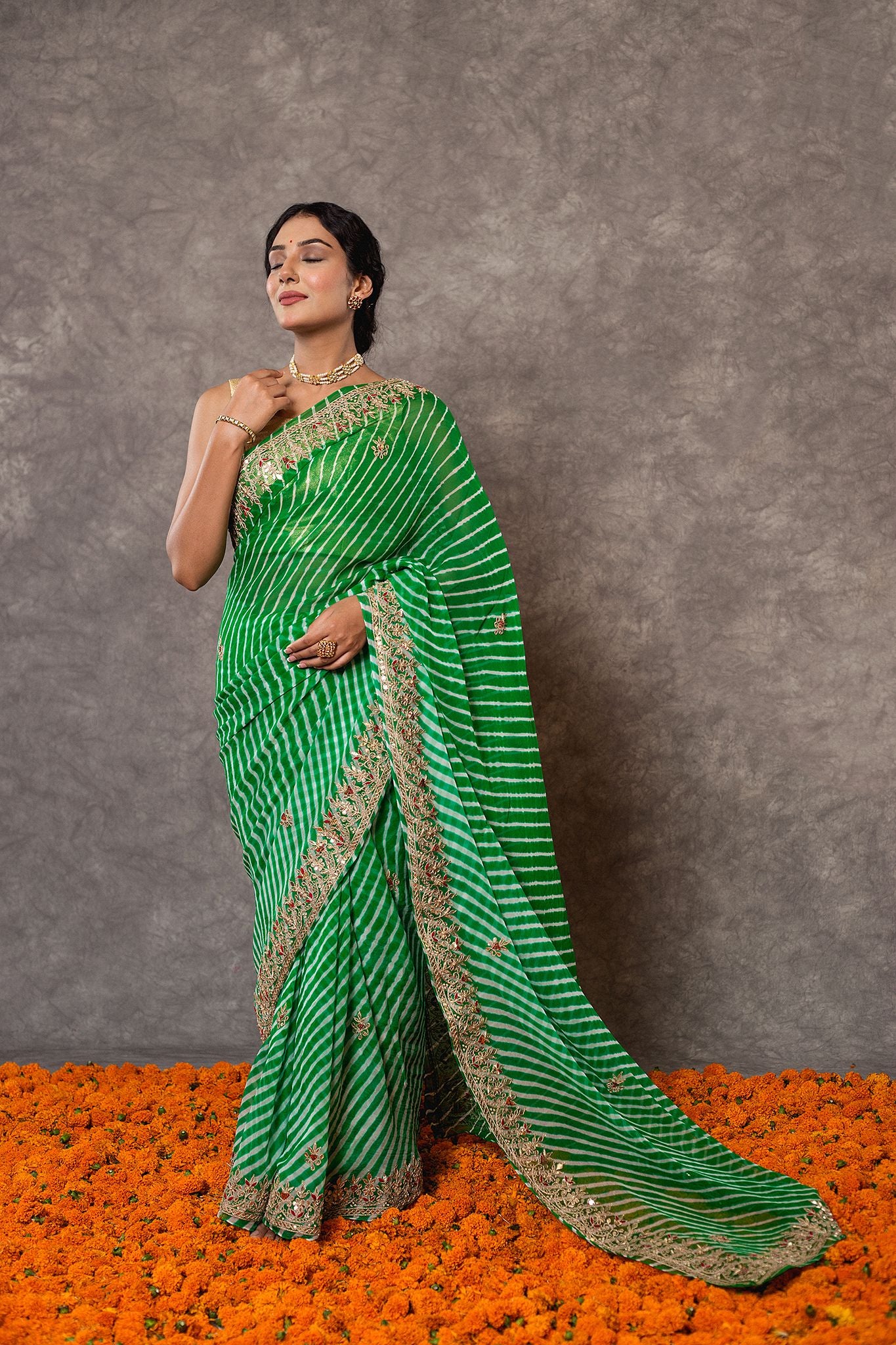 Green lehariya  Pure Georgette 20 Gsm gota pati border butti handwork traditional wear saree