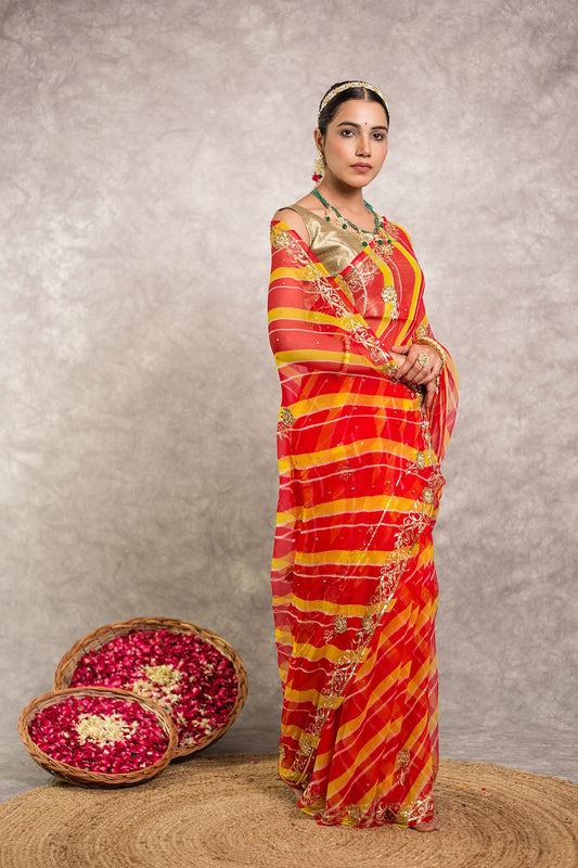 Orange pure georgette Lehariya Saree