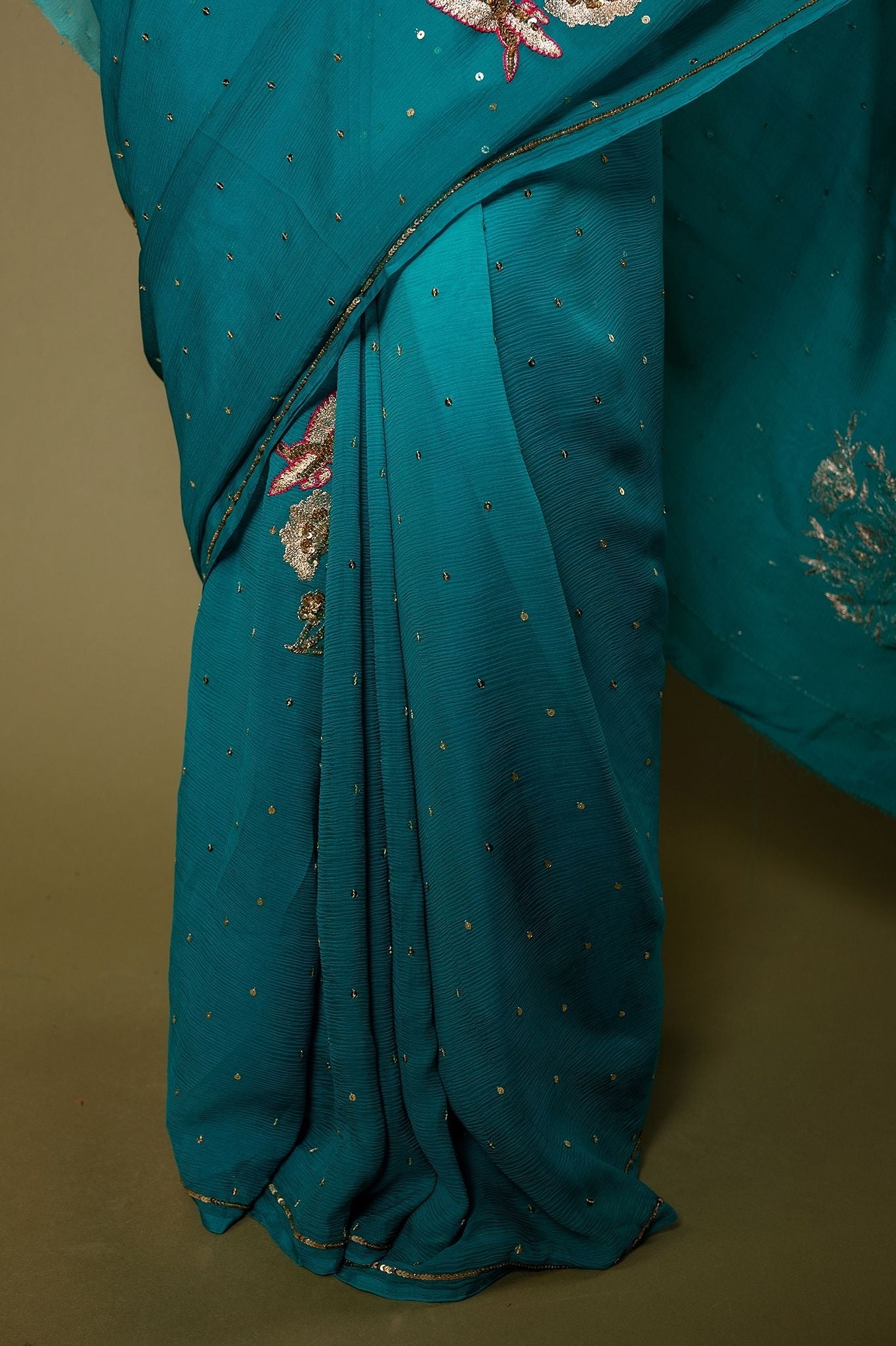 Rama Blue Light dark Pure Chiffon sequins  motif  handwork saree