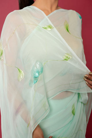 Green Handpainted Viscose Chiffon Saree