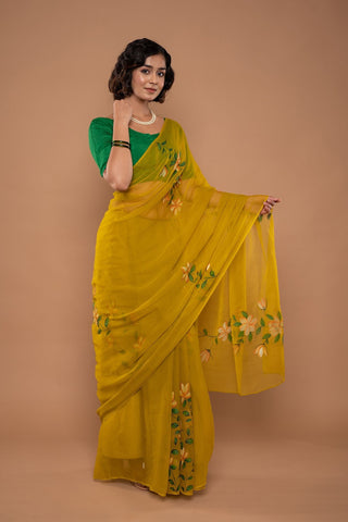 Viscose Chiffon Mint Hand Painted Saree