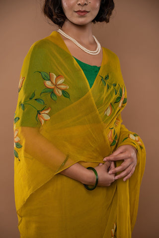 Viscose Chiffon Mint Hand Painted Saree