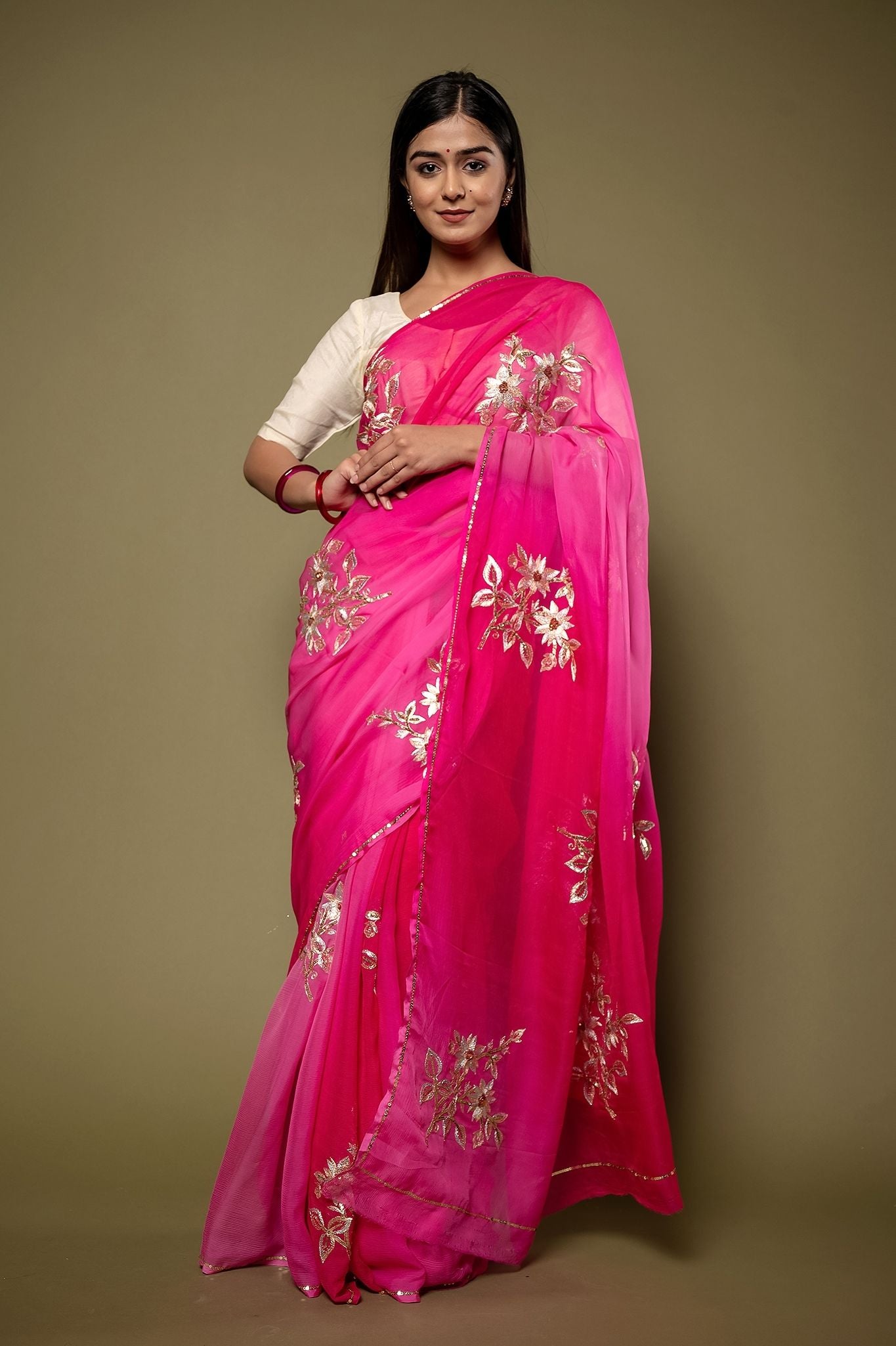Pink Pure Chiffon Aari sequins  Motif handwork Saree