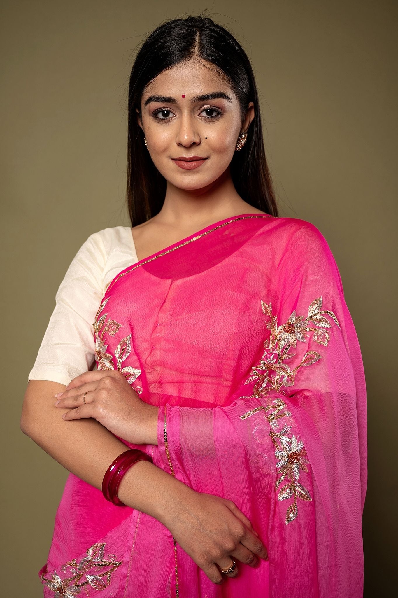 Pink Pure Chiffon Aari sequins  Motif handwork Saree