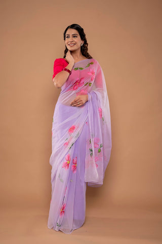 Viscose Chiffon Lavender Handpainted Saree