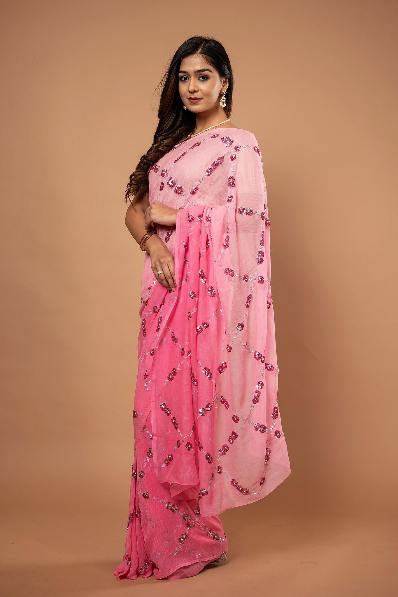 Pink light dark pure chiffon sequins  jaal handwork saree