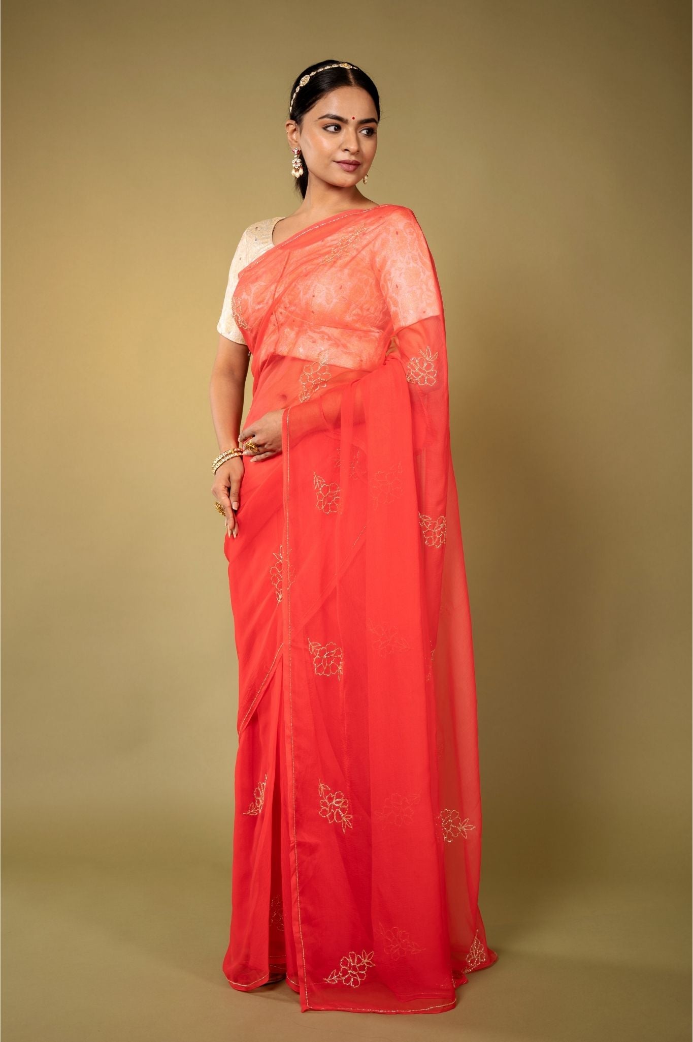 gajri viscose chiffon kardana motif handwork casual wear saree