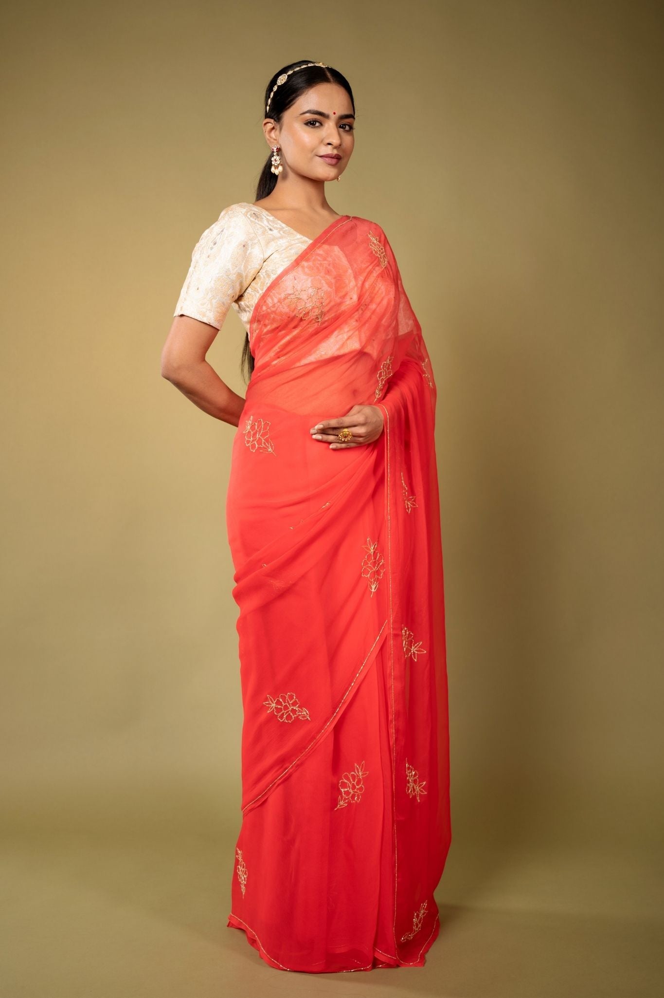 gajri viscose chiffon kardana motif handwork casual wear saree