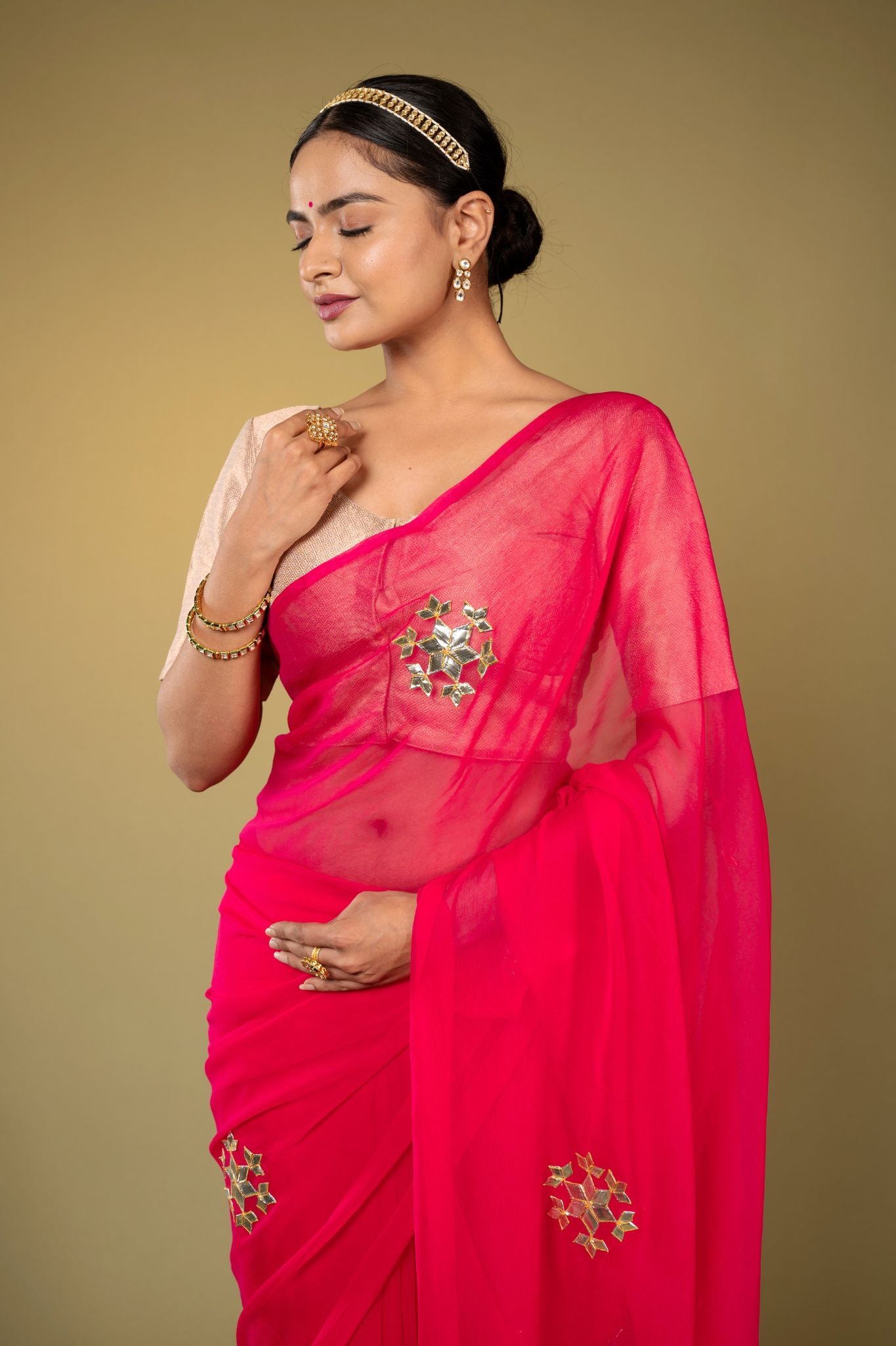 Magenta viscose chiffon murie pati  handwork casual wear saree