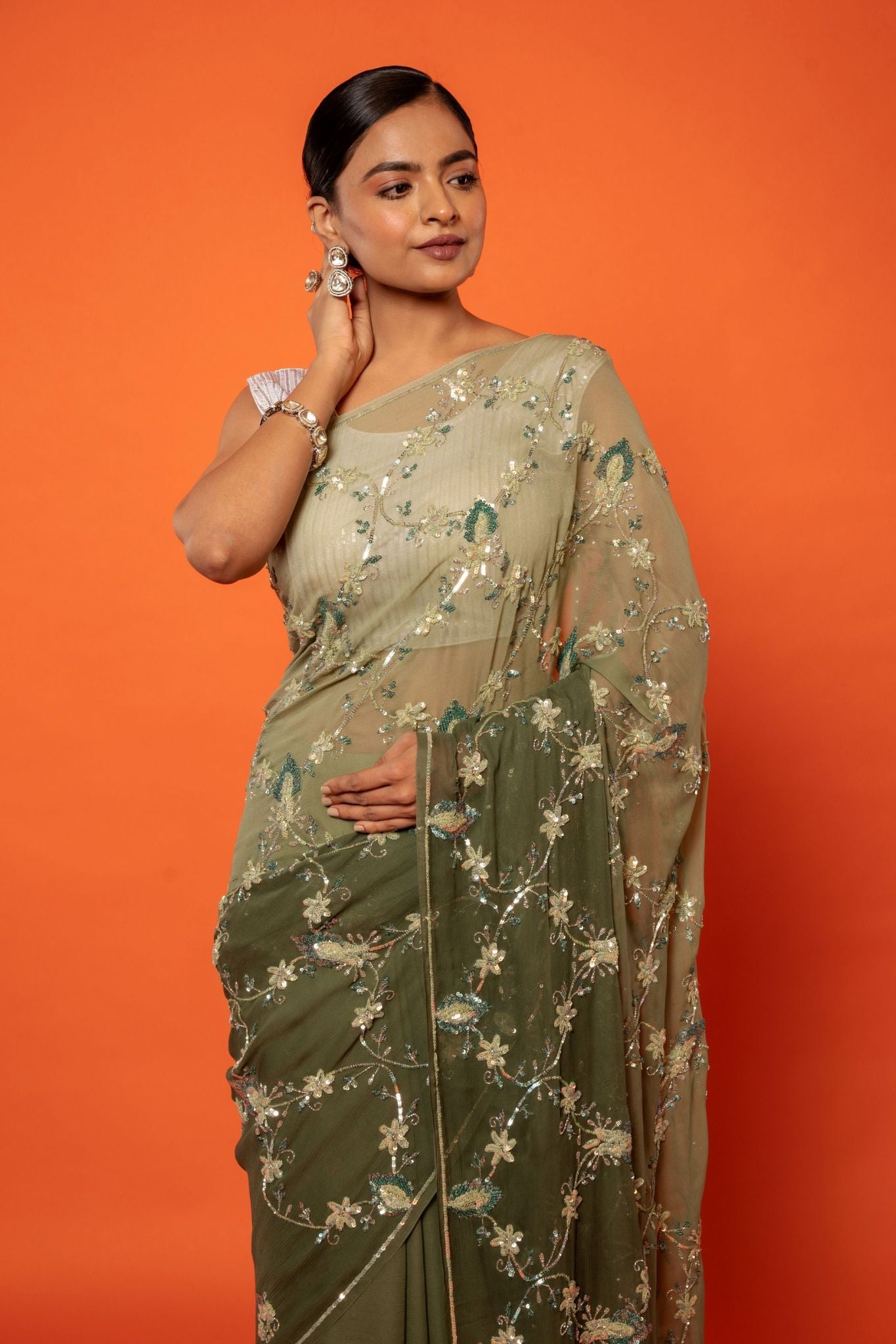 Olive green pure chiffon  aari sequins  jaal handwork saree
