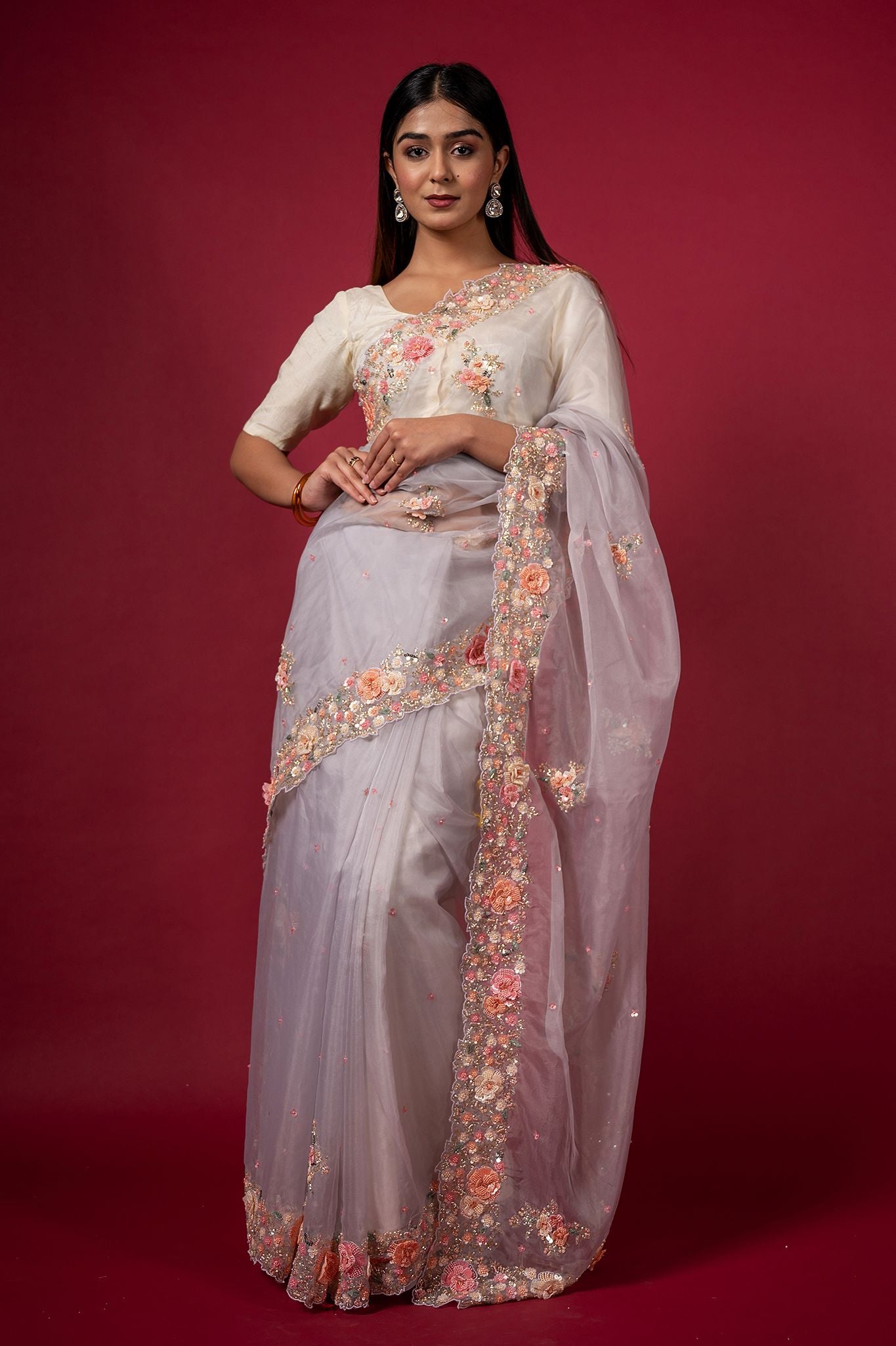 lavender organza  pearl  sequins kardana resham handwork saree