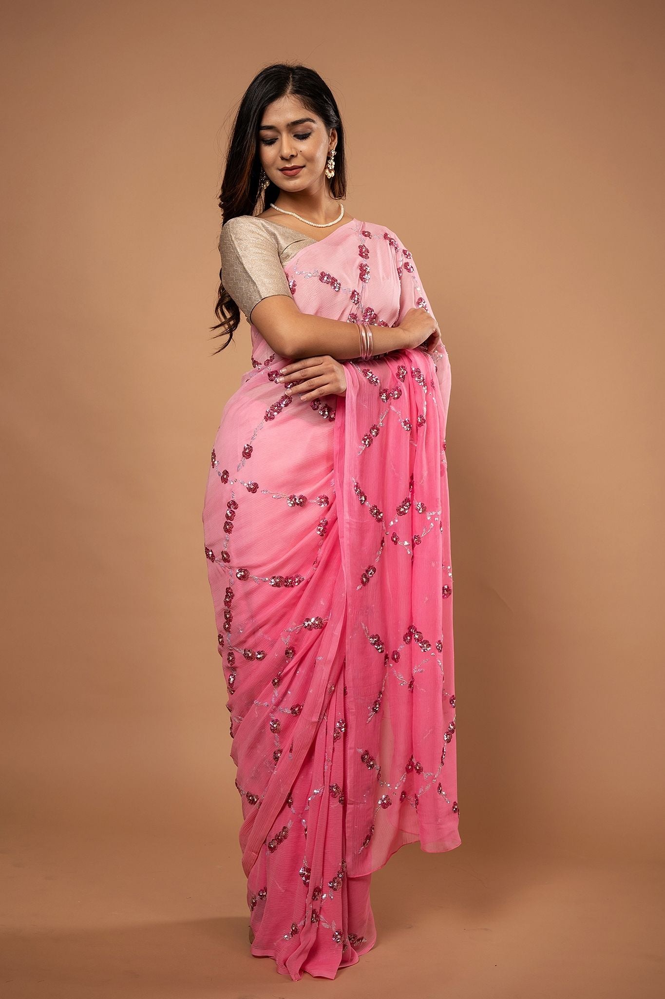 Pink light dark pure chiffon sequins  jaal handwork saree