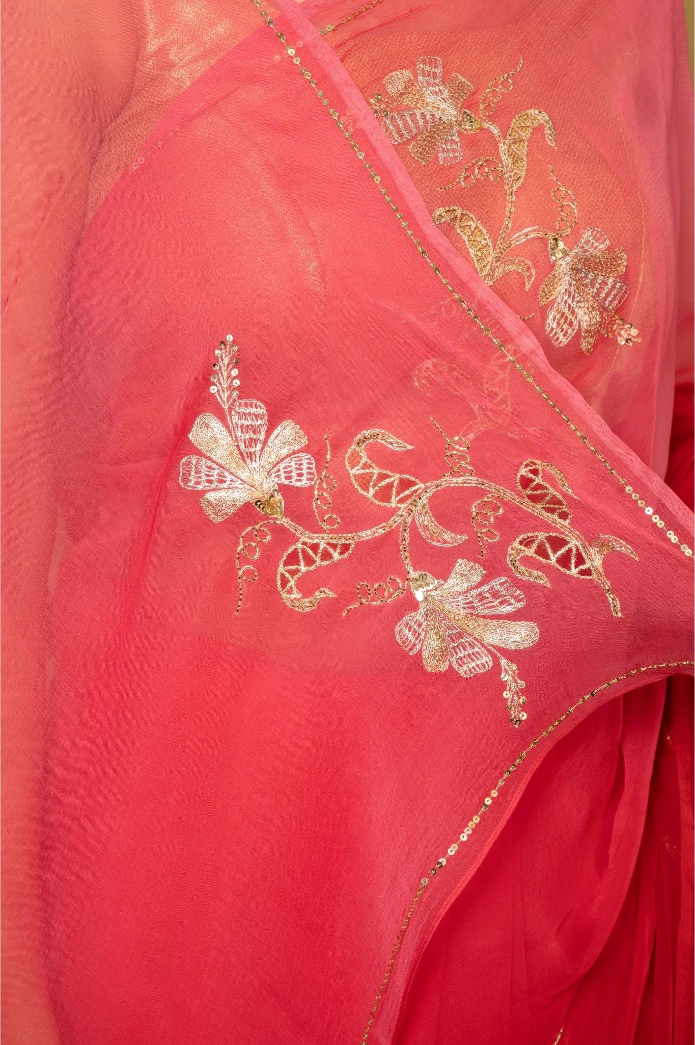 Warm Red viscose chiffon aari sequins  cut work motif handwork casual wear saree