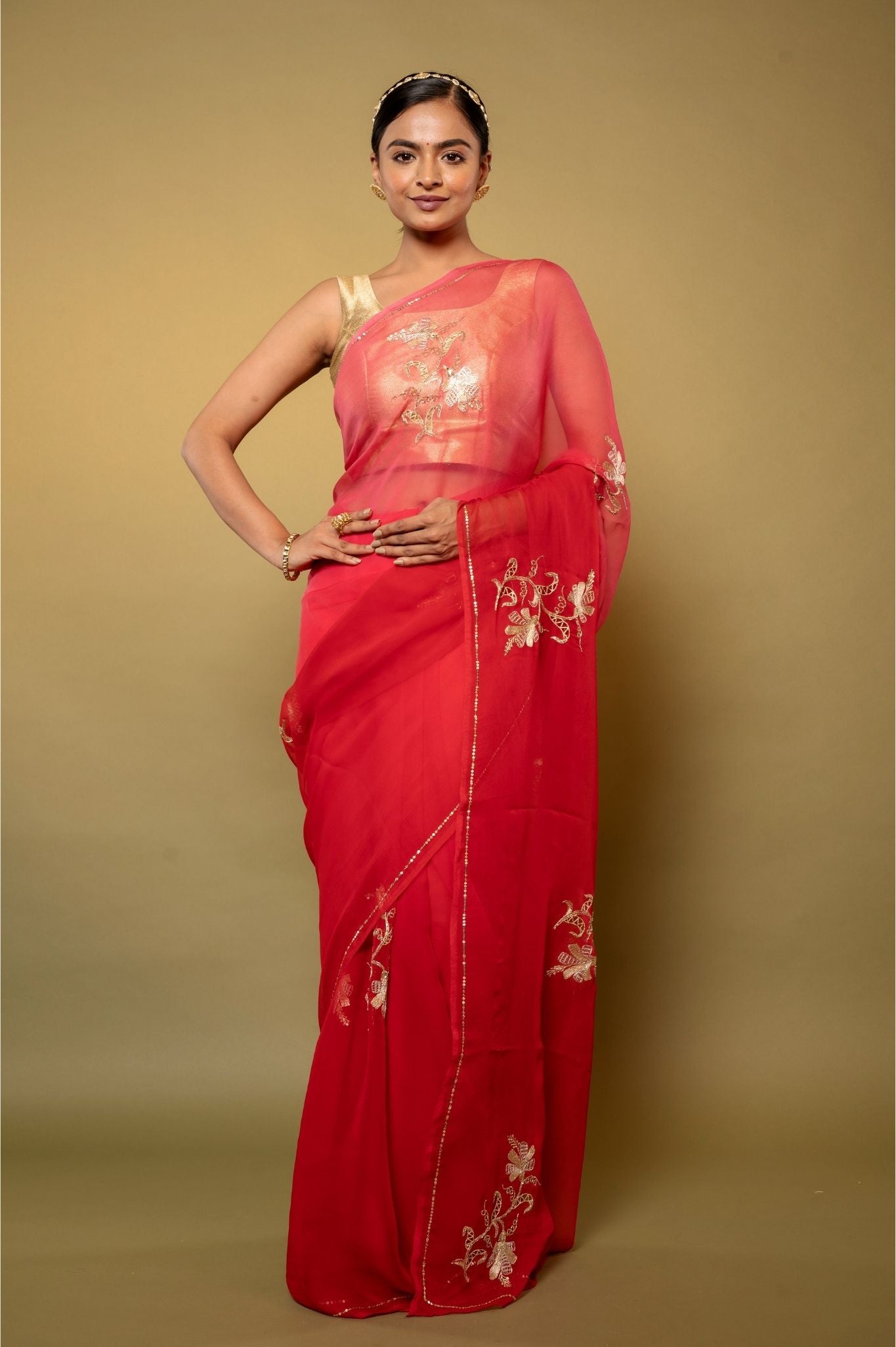 Warm Red viscose chiffon aari sequins  cut work motif handwork casual wear saree