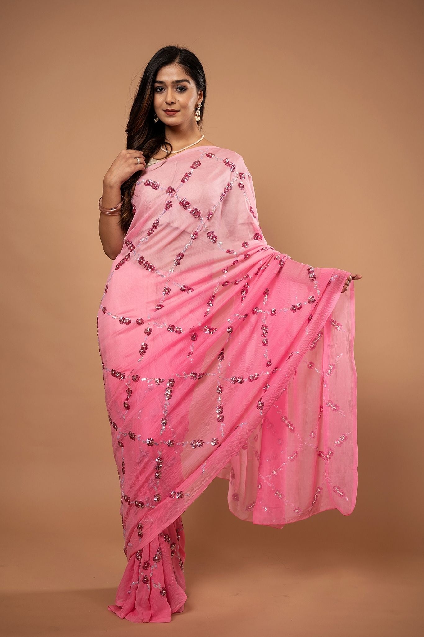 Pink light dark pure chiffon sequins  jaal handwork saree