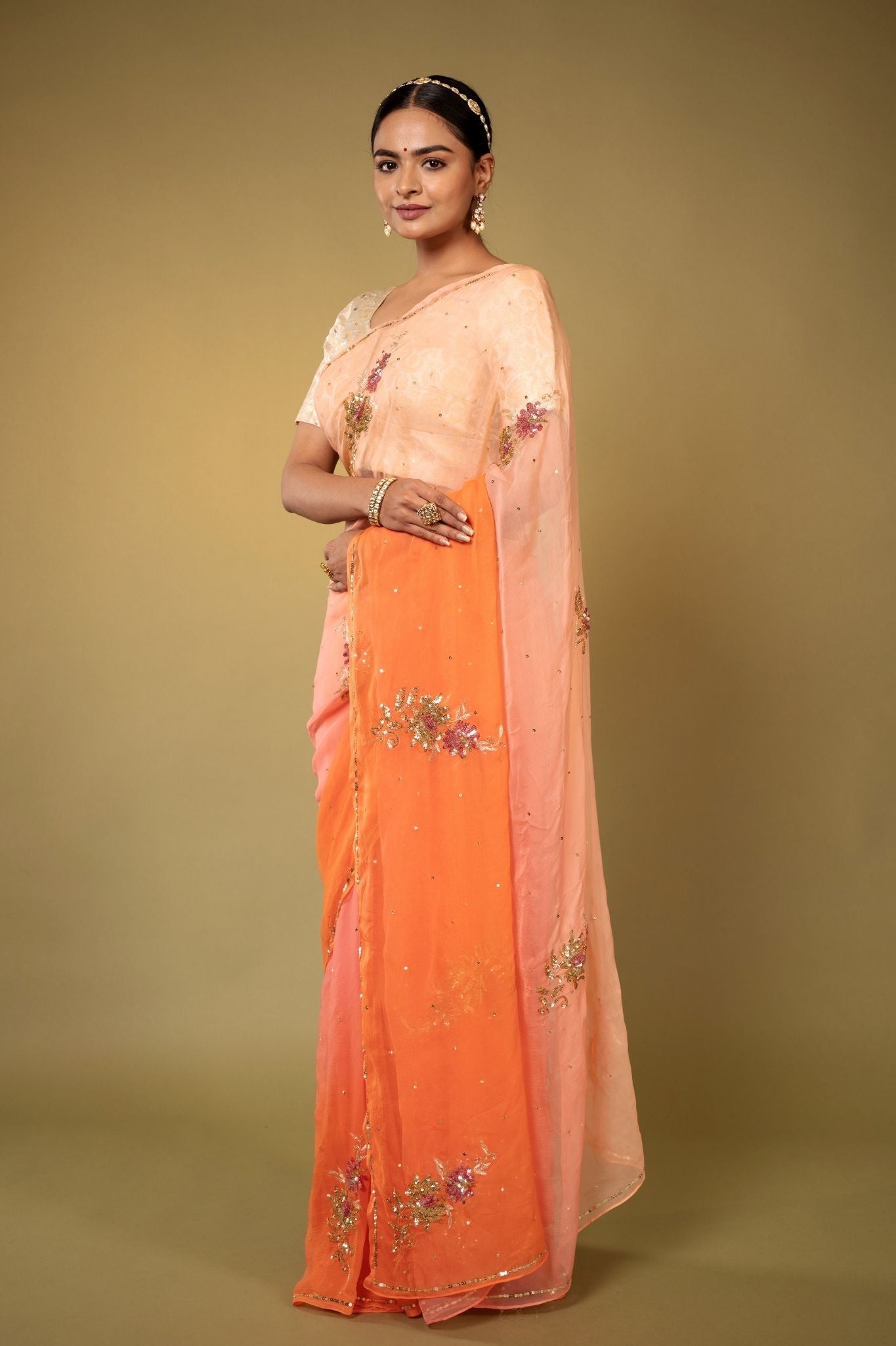 Peach light dark Viscose Chiffon aari sequins  motif handwork casual wear saree