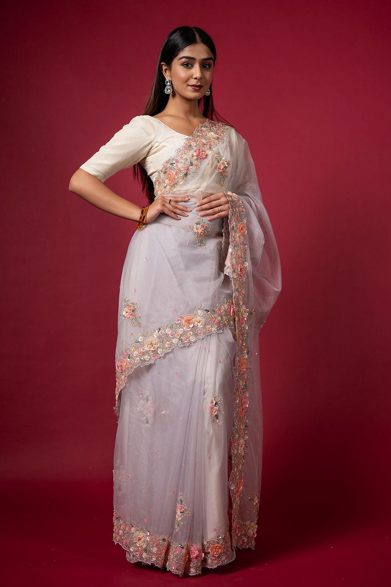 lavender organza  pearl  sequins kardana resham handwork saree