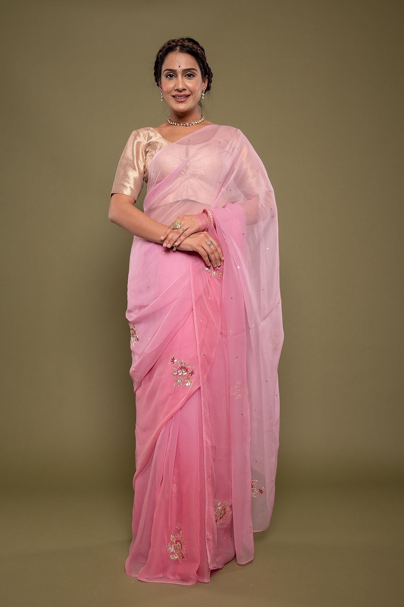 Viscose Chiffon Pink Butta Work Saree