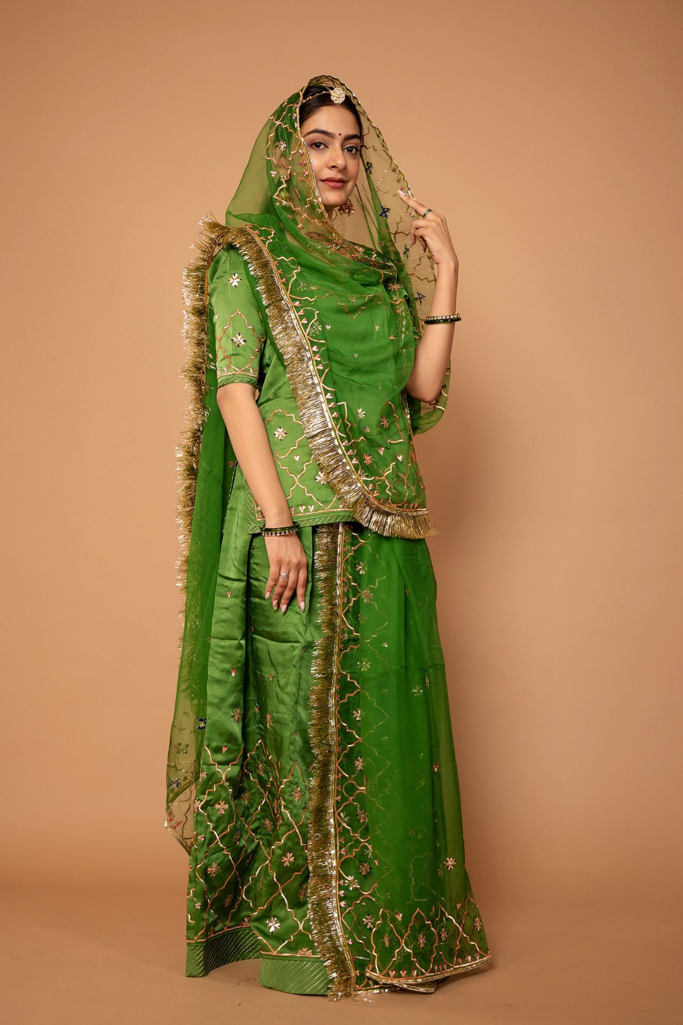 forest green Bamber Satin Sikhiya Gotta  handwork rajputi Poshak with pure odhna