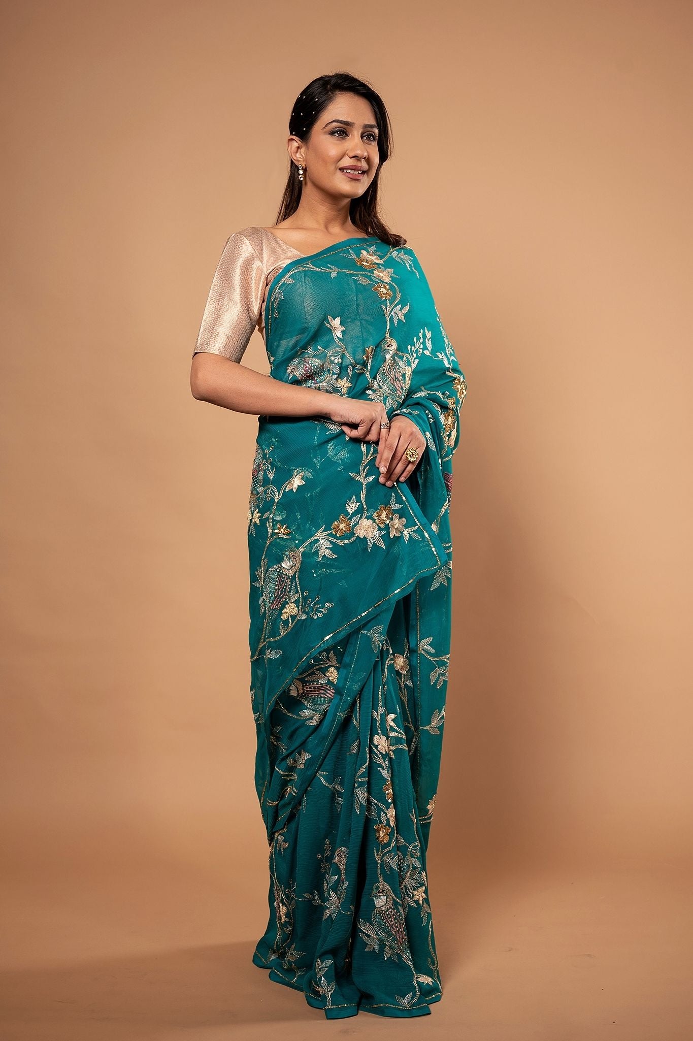 Rama pure chiffon aari sequnece zardozi resham jaal handwork saree