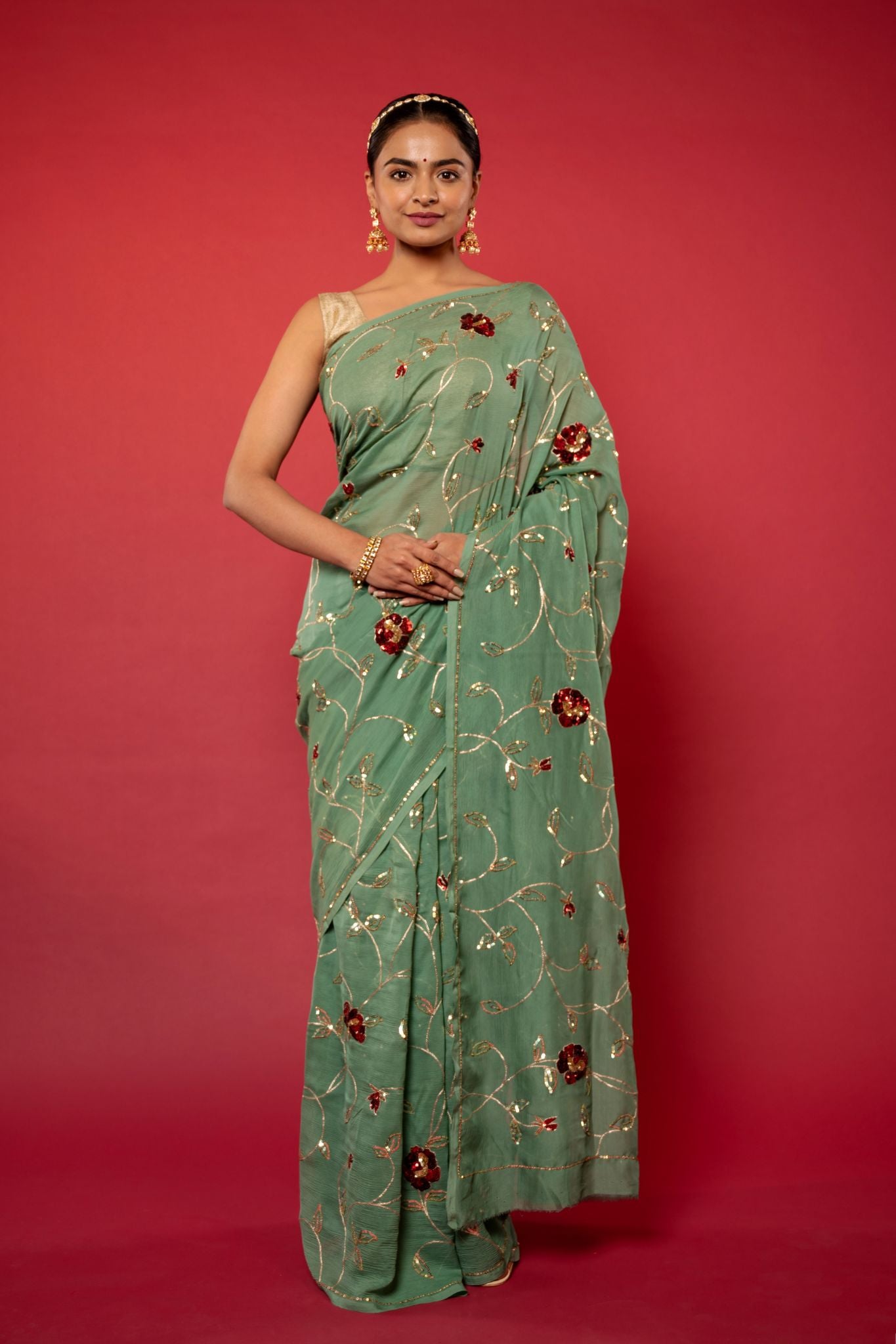 Oilve pure chiffon sequins  jaal handwork saree