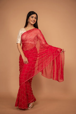 Red Viscose Chiffon All Over Kardhan Work Saree